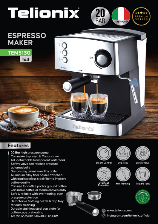 اسپرسوساز تلیونیکس مدل TEM5130 (بدنه آلومینیوم - ۲۰ بار)