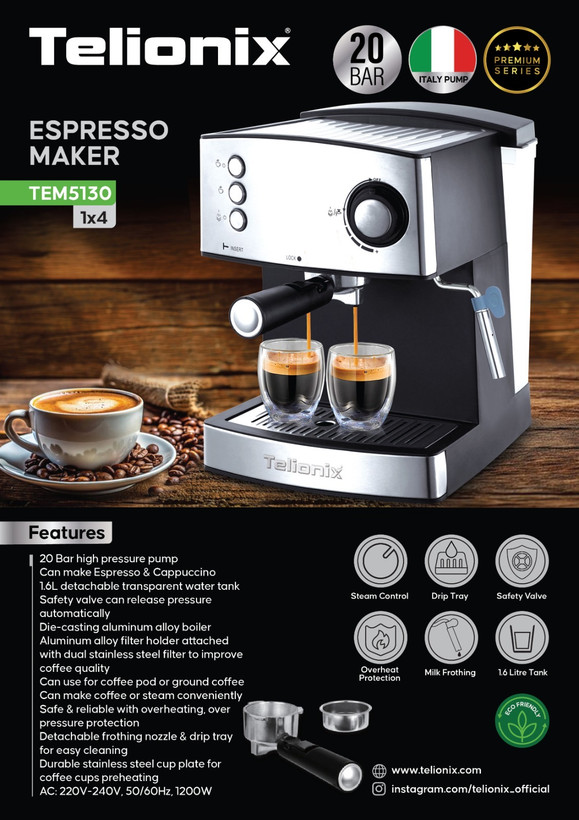 اسپرسوساز تلیونیکس مدل TEM5130 (بدنه آلومینیوم - ۲۰ بار)