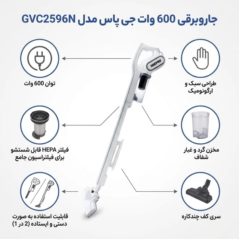 جاروبرقی ایستاده و دستی جی پاس مدل GVC2596N – توان ۶۰۰ وات با فیلتر HEPA