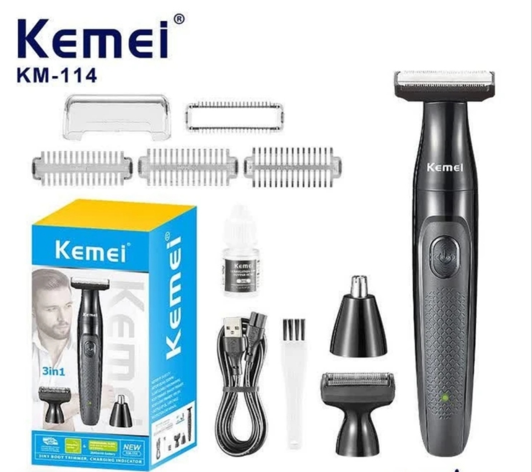 ماشین اصلاح ۳ کاره کیمی مدل Kemei KM-114 اصل؛ موتور توربو، صفرزن و خط‌زن حرفه‌ای، ضد آب با باتری قدرتمند
